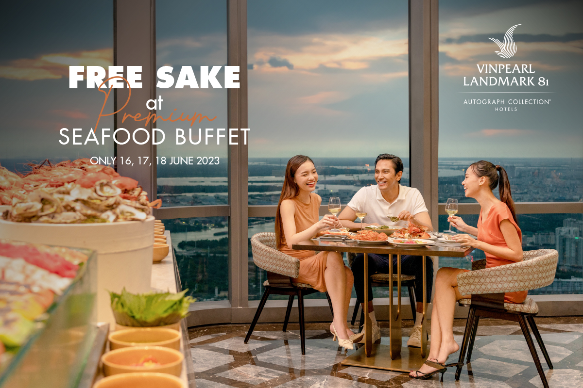 A group of friends enjoys a seafood buffet high above the clouds at luxury hotel Vinpearl Landmark 81 in Vietnam