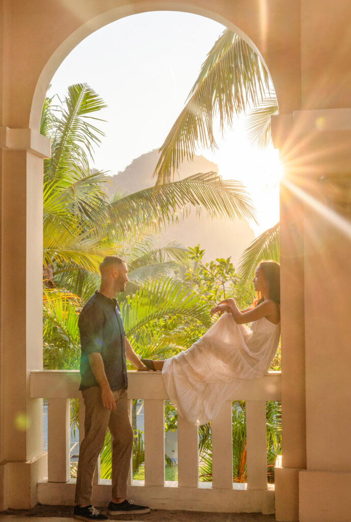 A couple strolls around the Danang Marriott Resort & Spa in Vietnam.