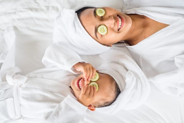 A mother and child enjoy a luxury villa