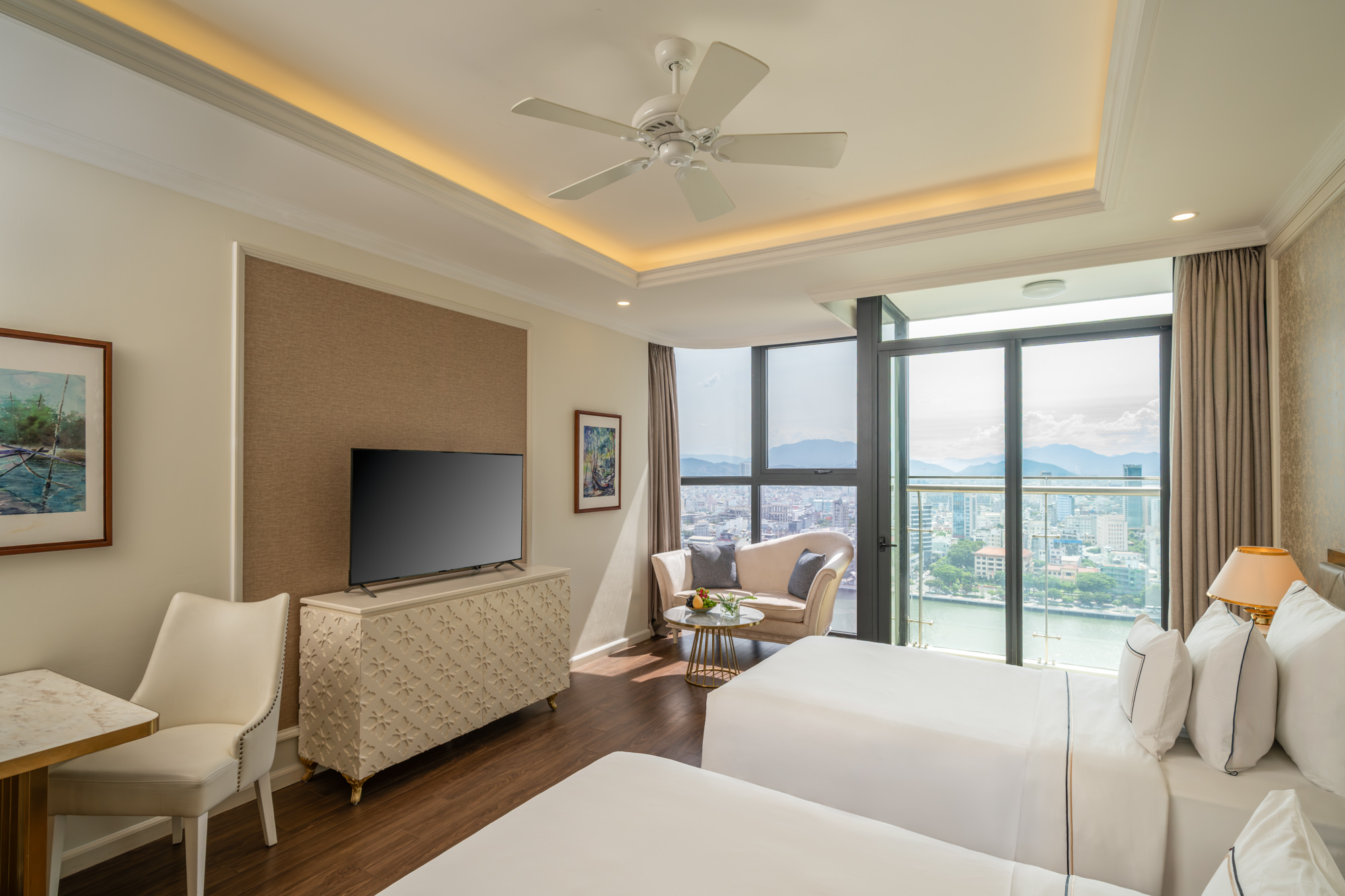 A luxurious suite overlooking sweeping views of Danang, Vietnam.